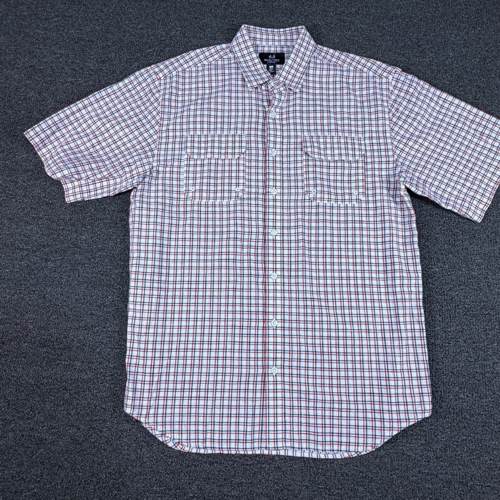 Realtree Fishing Shirt Mens L Short Sleeve Plaid Red White Blue Button Down EUC